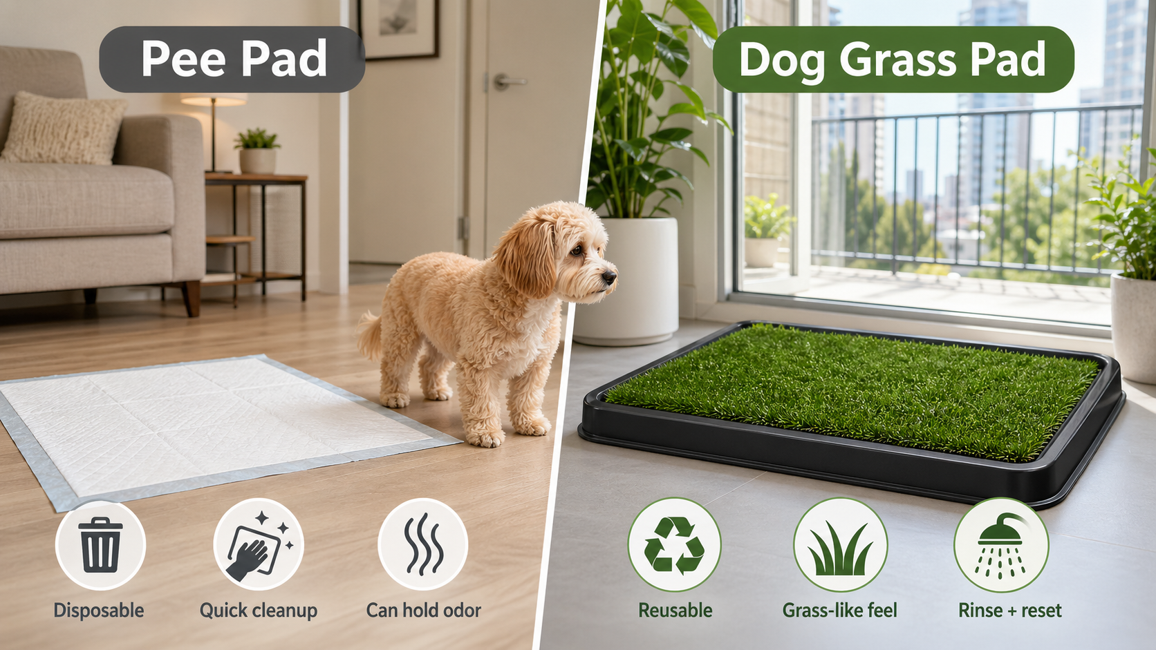 Small dog comparing a disposable pee pad and artificial grass dog pad in a modern apartment