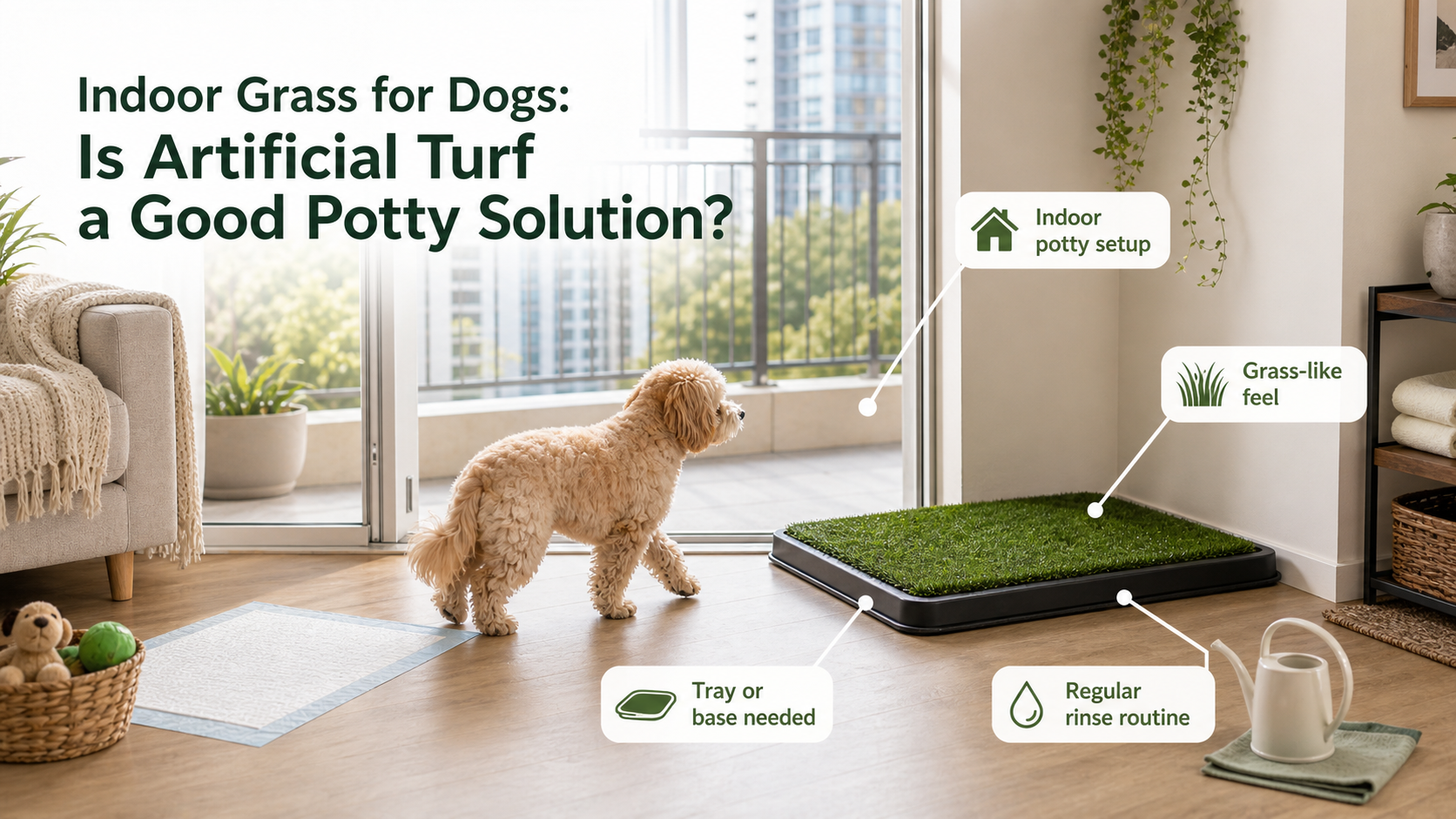 Indoor artificial grass potty setup for dogs in a bright apartment with tray and rinse routine labels