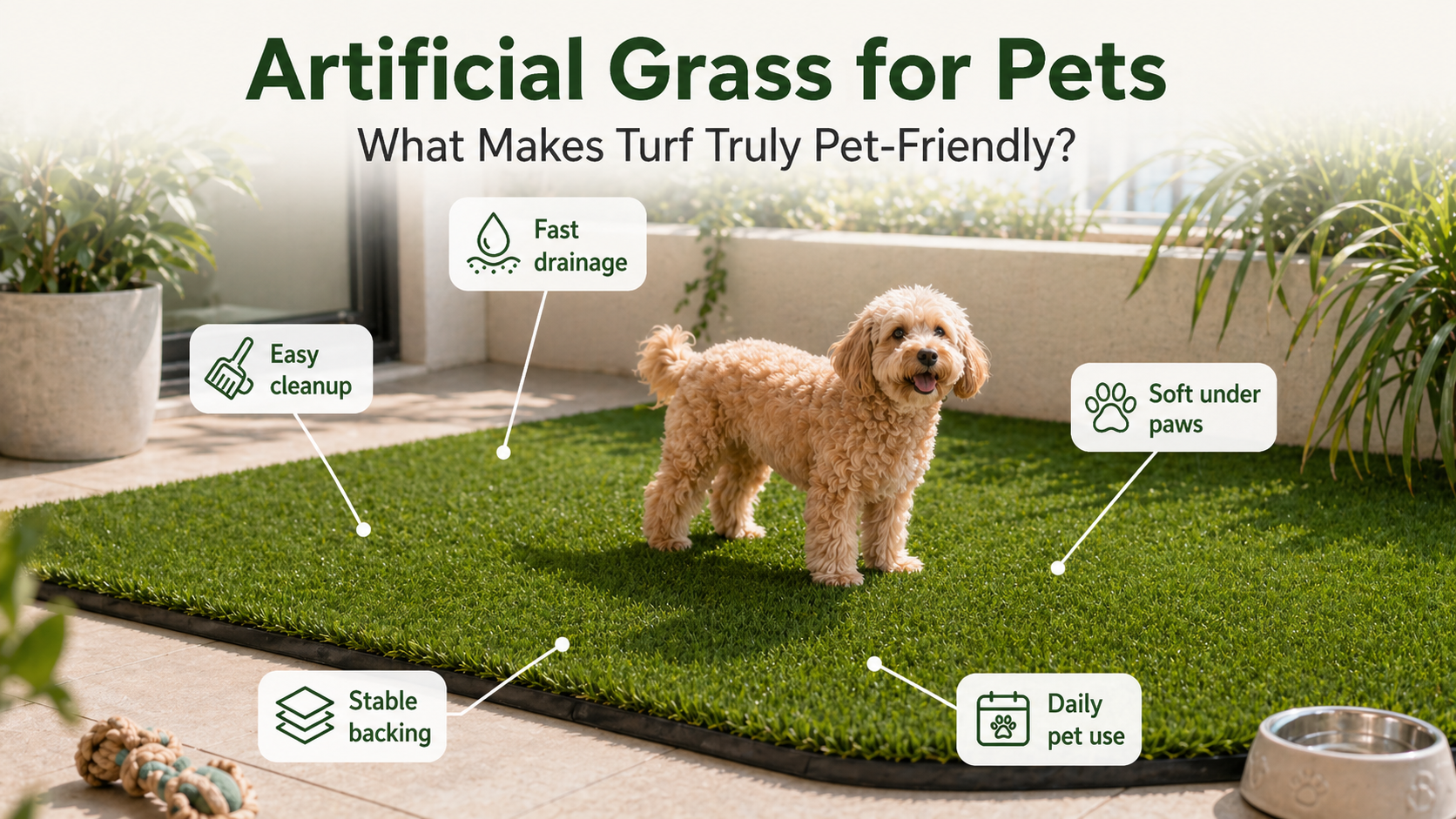 Dog on pet grass with labels for surface feel, drainage, location, dog size, and easy cleaning