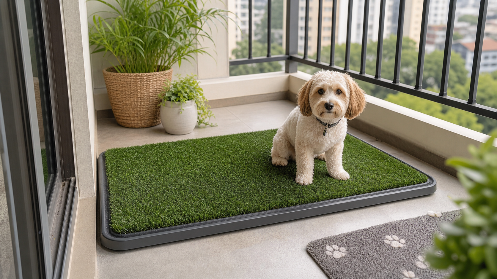 Dog potty area with artificial grass on apartment balcony