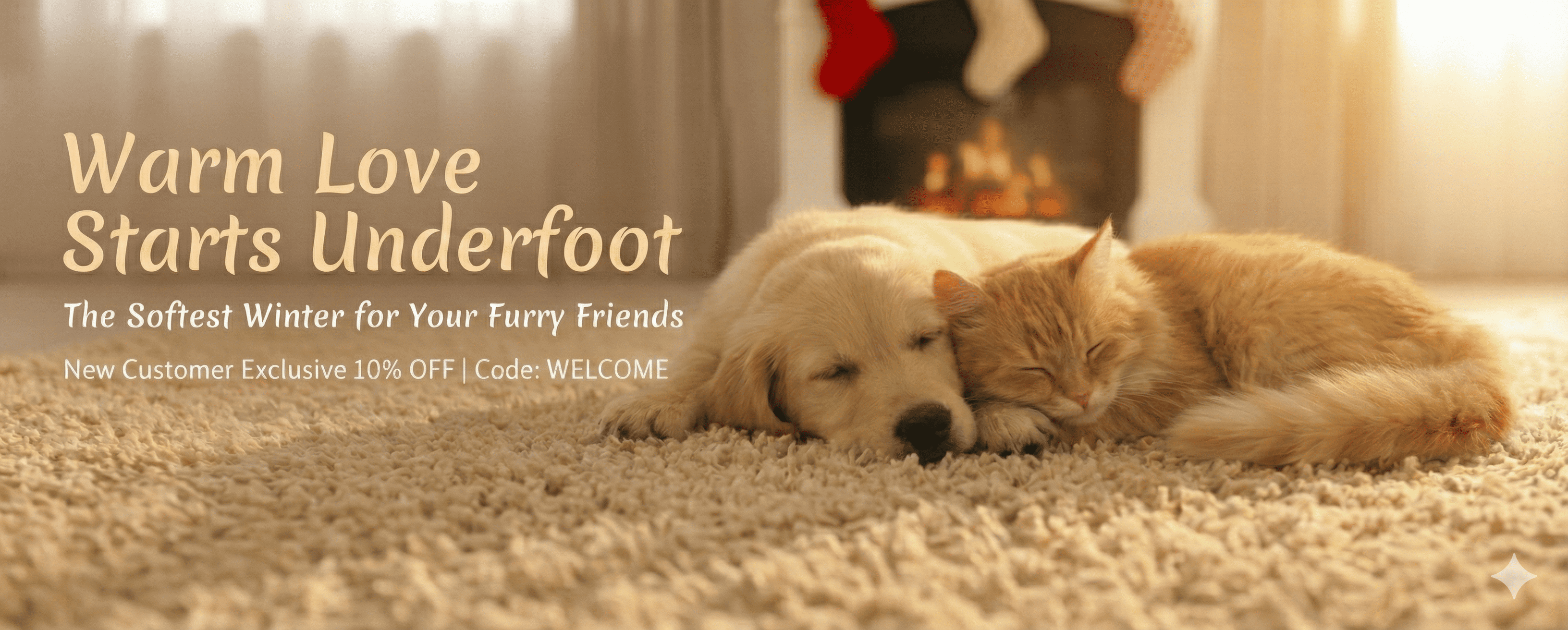 Two dogs sleeping on a carpet with promotional text overlay.