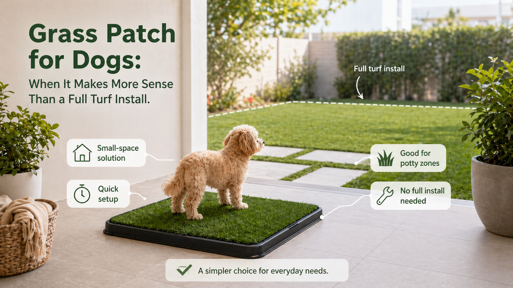 Small grass patch for dogs on a patio compared with a larger full turf installation