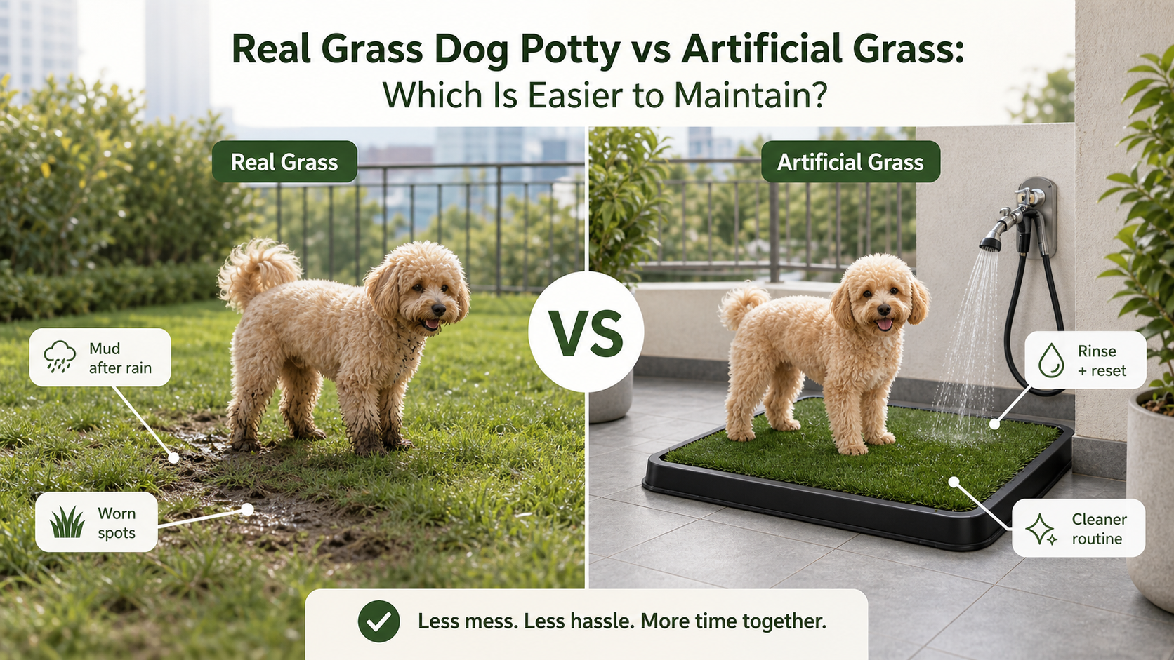 Dog standing on pet-friendly artificial grass with labels for drainage, cleanup, soft paw feel, backing, and daily use