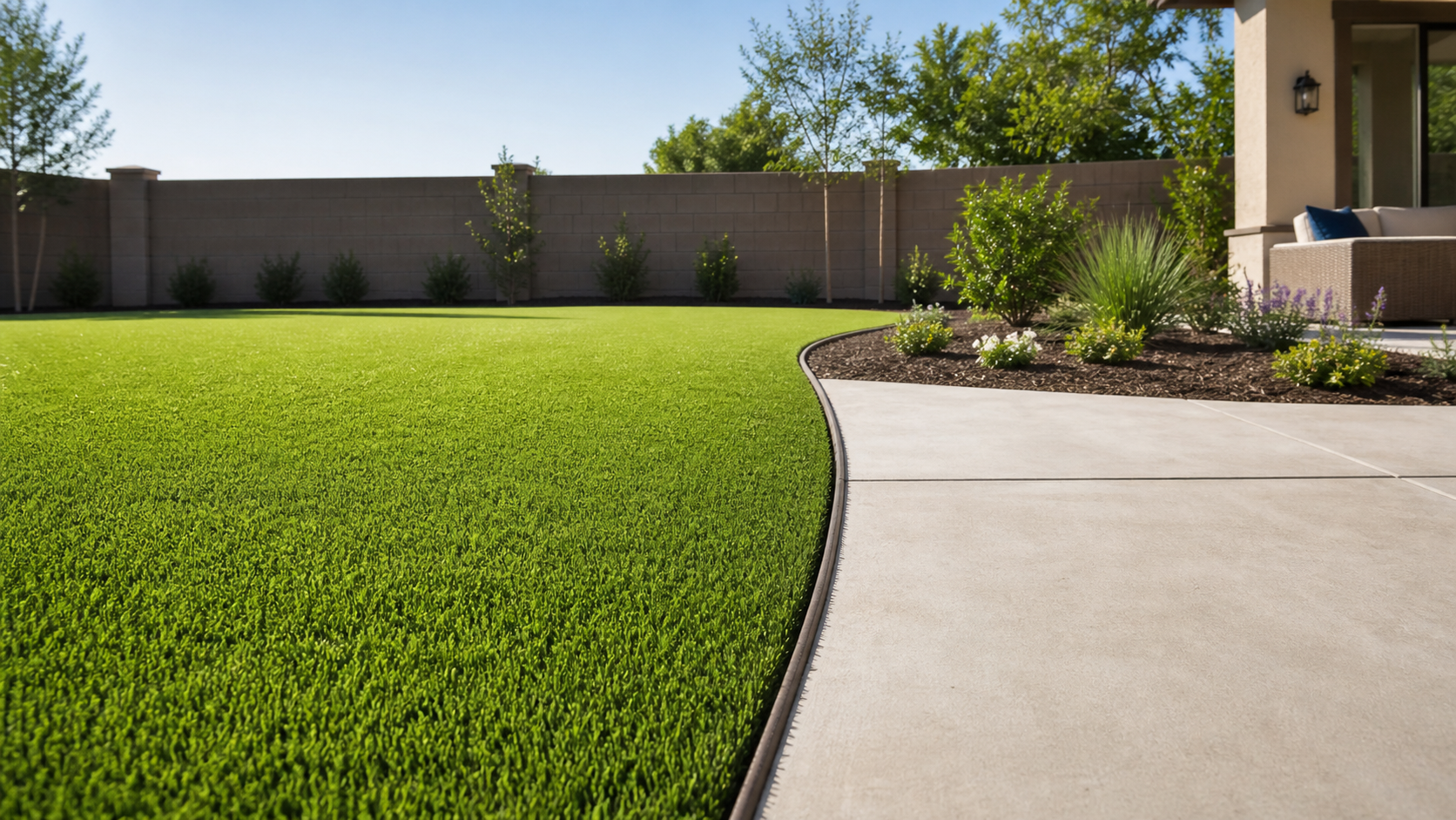 Clean artificial grass edging beside a concrete patio and mulched garden bed.